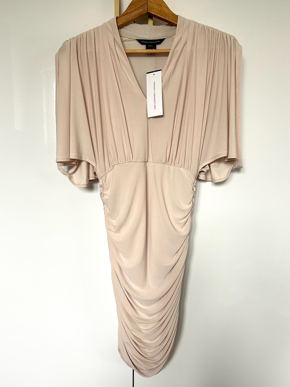 French Connection ruched V-Neck cream Midi Dress small NWT